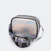 Bolsa Tiracolo Tweenie com Cordão Colorido Holográfica Prata e Preta - parte traseira da bolsa com alça 