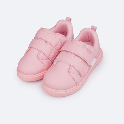 Tênis Infantil Feminino Pampili Pom Pom Velcro Rosado - frente tênis rosa