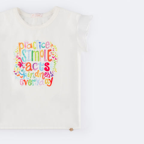 Camiseta Infantil Feminina Pampili Estampa Colorida e Strass Off White  - lado da camiseta com manga curta 