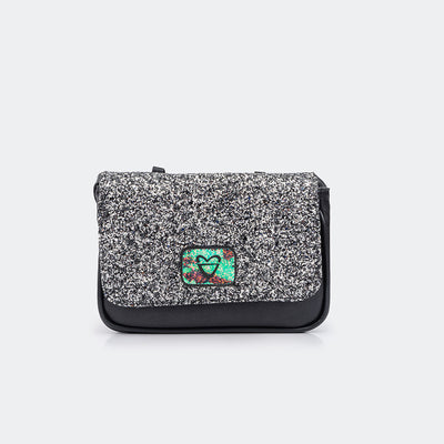 Bolsa Tweenie Glitter Prata e Preto.