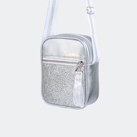 Bolsa Tiracolo Feminina Tweenie Magic Zone Glitter Brocado Prata.