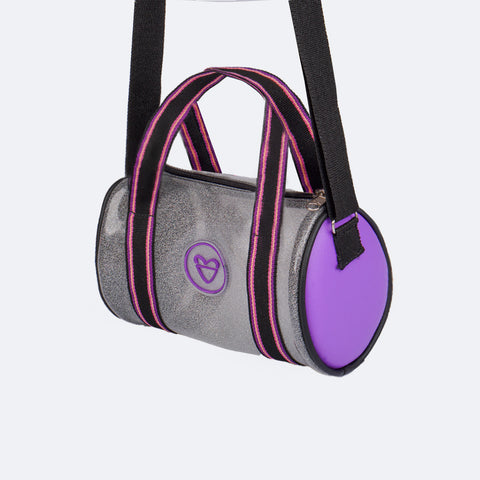 Bolsa Feminina Tweenie Redonda com Glitter Furta Cor Preta e Roxa - bolsa com alças de gorgurão 