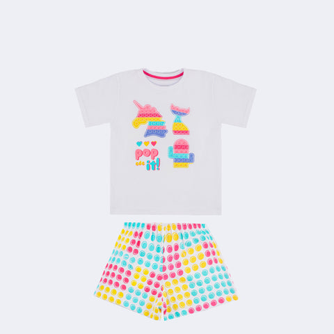 Pijama Kids Cara de Criança Brilha no Escuro Pop It Branco e Colorido - 4 a 8 Anos - frente do pijama feminino