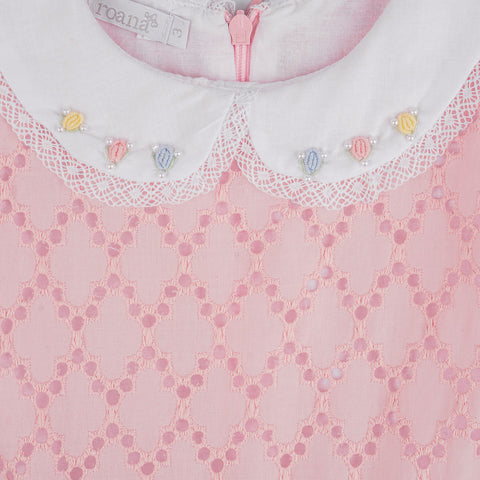 Vestido de Bebê Roana Laise Gola Bordada e Laços Rosa - 1 Ano - gola bordada