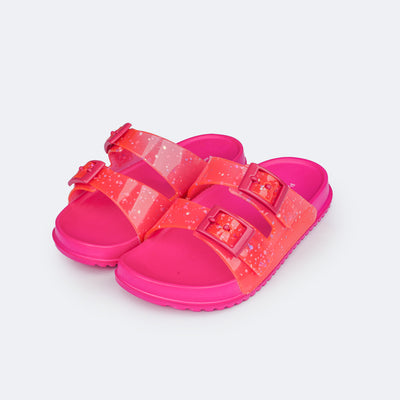 Chinelo Birken Infantil Pampili Fun Glee Fivela e Glitter Colorido Pink - frente do chinelo birken
