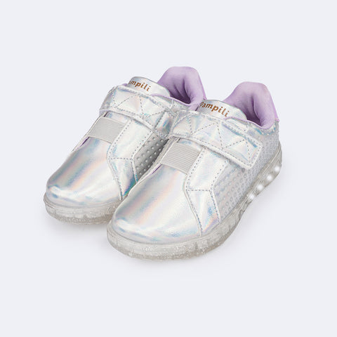 Tênis de Led Infantil Pampili Sneaker Luz Calce Fácil Perfuros Holográfico Prata - frente do tênis infantil feminino