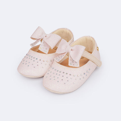 Sapato de Bebê Pampili Nina Momentos Especiais Glitter Strass Nude - frente do sapato bebê glitter