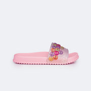 Chinelo Slide Infantil Pampili Fun Glee Carinha Feliz Rosa e Colorido - lateral chinelo slide infantil