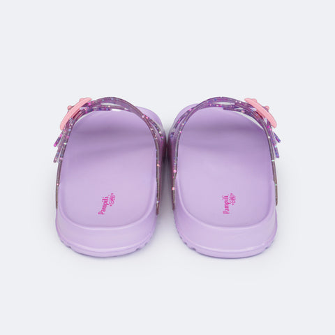 Chinelo Birken Infantil Pampili Fun Glee Fivela e Glitter Colorido Lilás - traseira chinelo infantil lilás