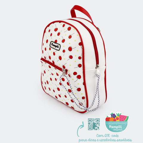 Mochila para Bebê Estampa Cereja Branca e Vermelha.