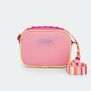 Bolsa Tiracolo Infantil com Alça Listrada Colorida e Rosa Chiclete.