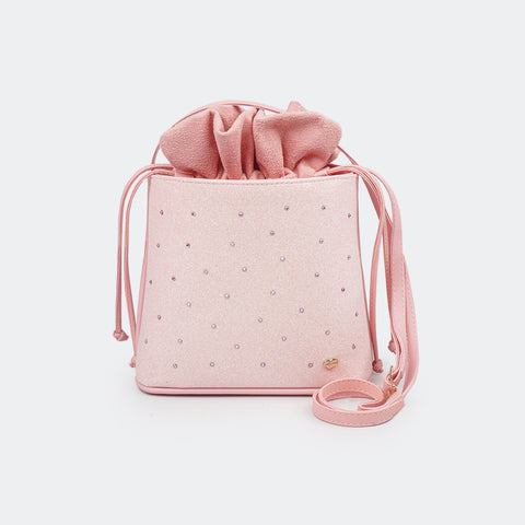 Bolsa Saco Infantil Glitter Fino e Strass Rosa Glace.