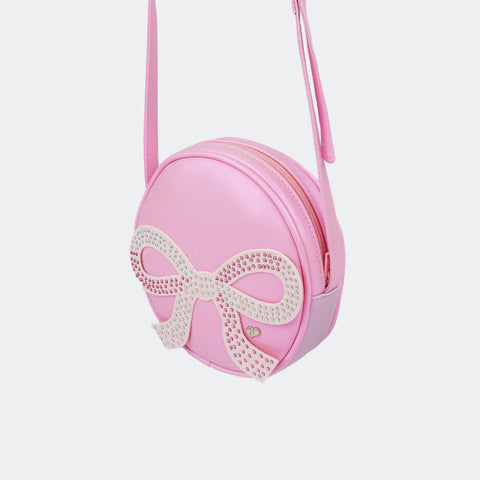 Bolsa Infantil Tiracolo Laço com Glitter e Strass Rosa e Lilás.