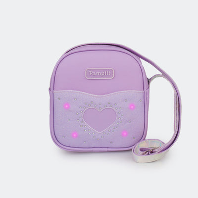 Bolsa Infantil com Led Pampili Seja Luz Strass e Glitter Lilás - frente da bolsa com led aceso