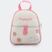 Bolsa Mochila Infantil Cultive uma Flor Cru e Rosa.