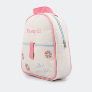 Bolsa Mochila Infantil Cultive uma Flor Cru e Rosa.