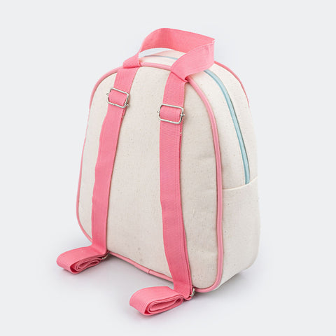 Bolsa Mochila Infantil Cultive uma Flor Cru e Rosa.