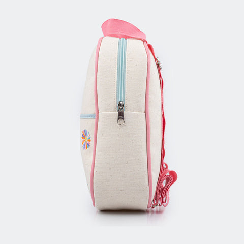 Bolsa Mochila Infantil Cultive uma Flor Cru e Rosa.