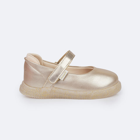 Tênis Infantil Feminino Pampili Pom Pom Glitter Dourado e Nude - lateral tênis infantil feminino