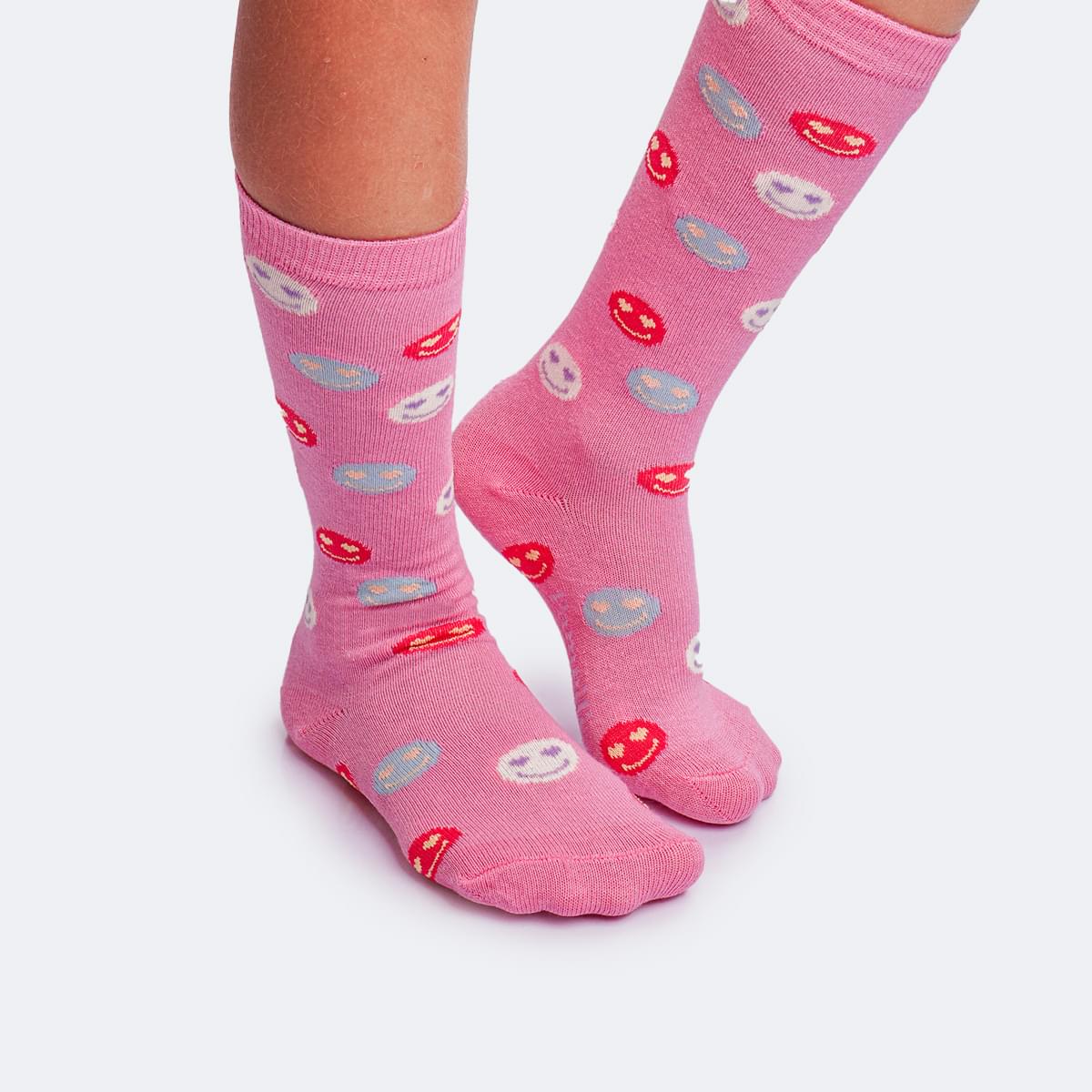 Meia Infantil Feminina 3/4 Pampili Rosa com Emoji Colorido - meia infantil feminina