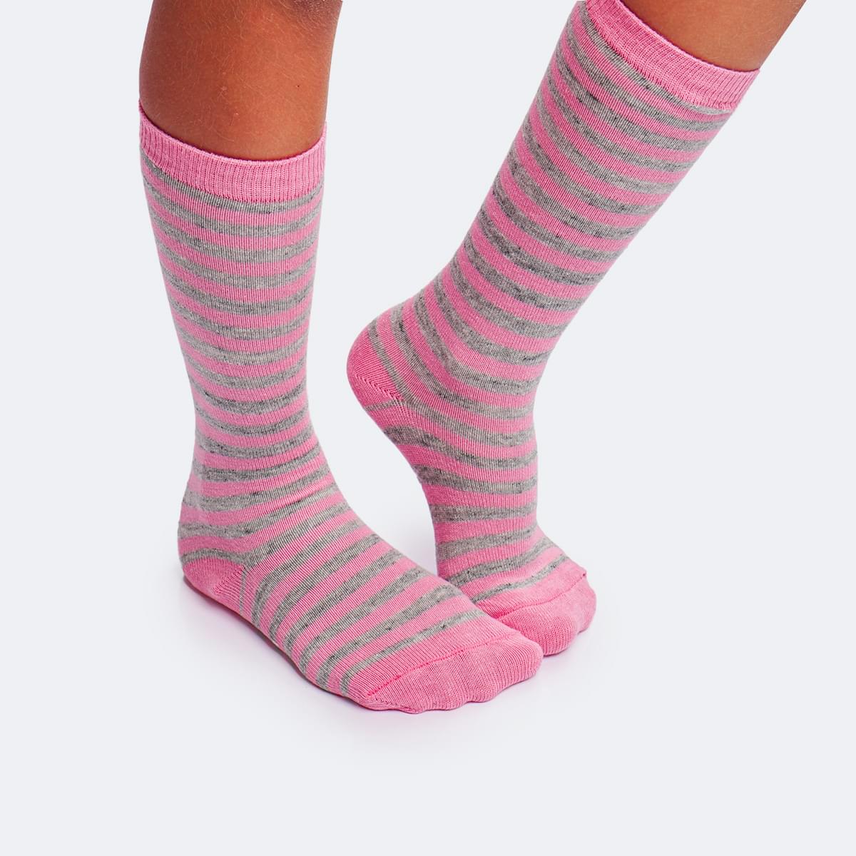 Meia Infantil Feminina 3/4 Pampili Listrada Rosa e Mescla - meia infantil 
