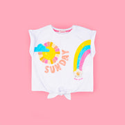 T-Shirt Kids Mon Sucré Estampa Sunday Verão com Flor e Nó Branca - frente