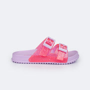 Chinelo Birken Infantil Pampili Fun Glee com Fivela e Glitter Rosa e Lilás - lateral birken infantil com fivela