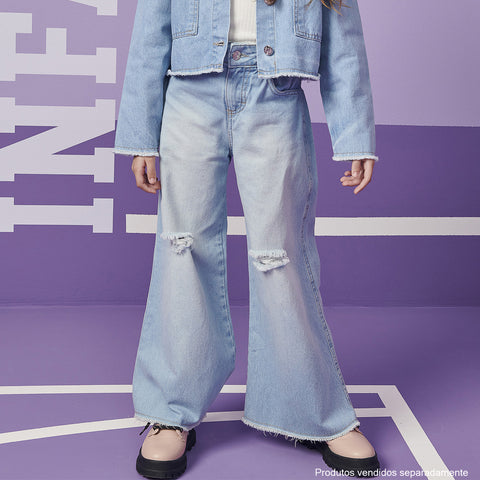 Calça Wide Leg Feminina Infanti Desfiada Azul Claro - Main Image