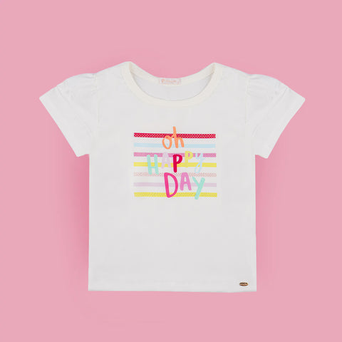 Camiseta Infantil Pampili Cetim Estampa Colorida e Strass Off White  - frente da camiseta com estampa