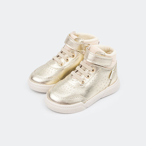 Tênis Infantil Feminino Lily Cano Médio com Velcro Metalizado Dourado.