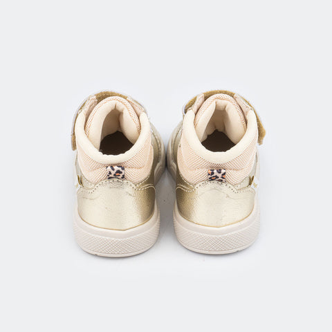 Tênis Infantil Feminino Lily Cano Médio com Velcro Metalizado Dourado.