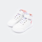 Tênis Infantil Feminino Lily Cano Médio com Velcro Branco e Rosa Glace.