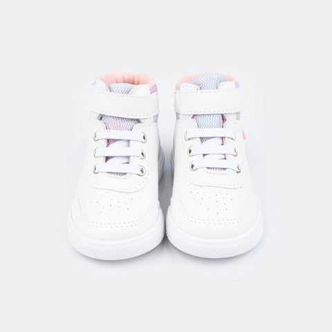 Tênis Infantil Feminino Lily Cano Médio com Velcro Branco e Rosa Glace.