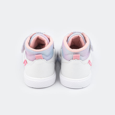 Tênis Infantil Feminino Lily Cano Médio com Velcro Branco e Rosa Glace.