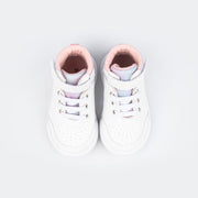 Tênis Infantil Feminino Lily Cano Médio com Velcro Branco e Rosa Glace.