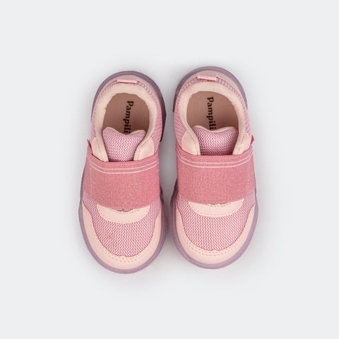 Tênis Infantil Feminino Lily Calce Fácil Solado Transparente Rosa Glace e Rosa Bale.