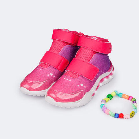 Tênis de Led Infantil Pampili SPK 35 Strap Fone Estampa e Glitter Pink Maravilha - Vem com Mimo Especial - frente do tênis com o mimo