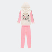 Conjunto Infantil Infanti Cat Paetê Off White e Rosa Neon - frente conjunto moletom e legging