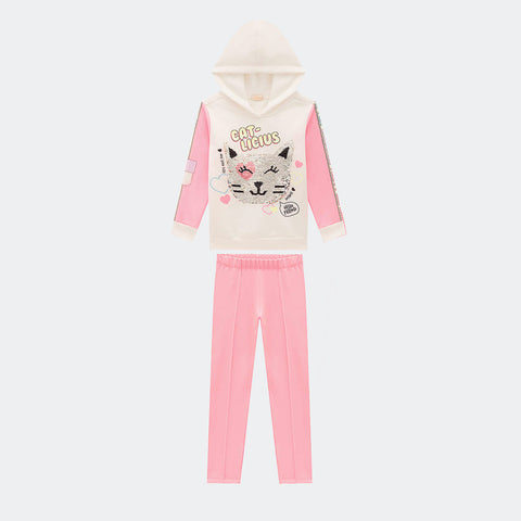 Conjunto Infantil Infanti Cat Paetê Off White e Rosa Neon - frente conjunto moletom e legging