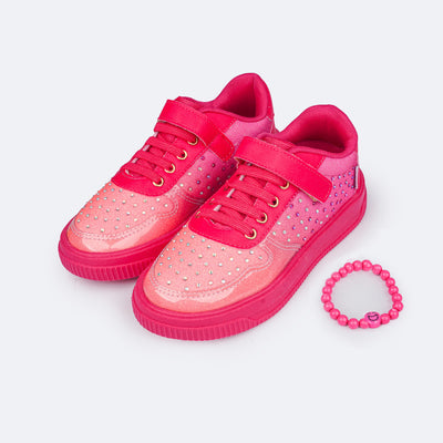Tênis Infantil Feminino Pampili XP 21 Degradê Pink e Coral - frente do tênis com pulseira