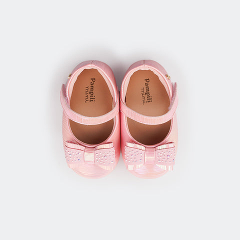 Sapato de Bebê Pampili Nina Momentos Especiais Laço e Strass Holográfico Rosa - foto da parte superior do sapato 