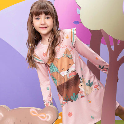 Vestido Infantil Kukiê Manga Longa Tricot Raposa - frente do vestido inverno menina