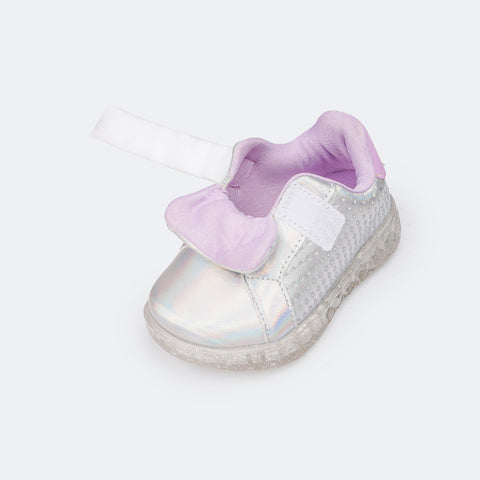 Tênis de Led Infantil Pampili Sneaker Luz Calce Fácil Perfuros Holográfico Prata - abertura fácil para calçar