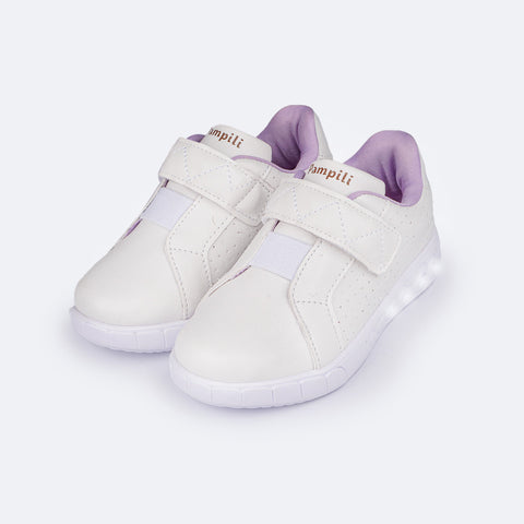 Tênis de Led Infantil Pampili Sneaker Luz Calce Fácil com Perfuros Branco e Lilás - frente do tênis infantil feminino