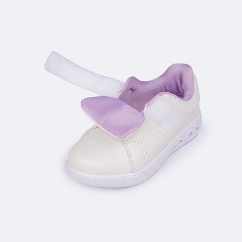 Tênis de Led Infantil Pampili Sneaker Luz Calce Fácil com Perfuros Branco e Lilás  - tênis aberto para o calce 