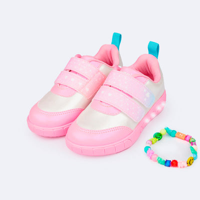 Tênis de Led Infantil Pampili Sneaker Luz Phone Strap Branco e Rosa - tênis infantil com mimo especial