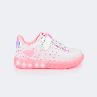 Tênis de Led Infantil Pampili Sneaker Seja Luz Glitter Strass Branco e Rosa Neon - lateral do tênis com coração e strass