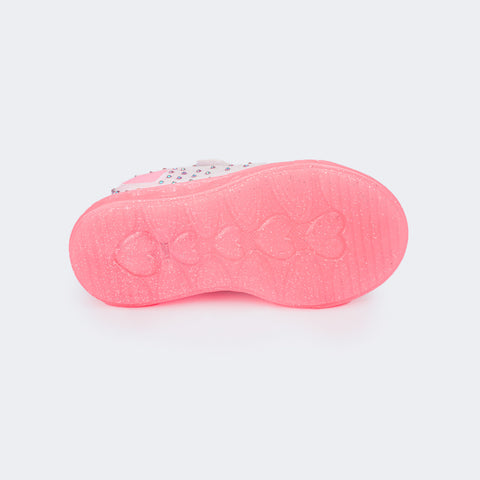 Tênis de Led Infantil Pampili Sneaker Seja Luz Glitter Strass Branco e Rosa Neon - sola antiderrapante com glitter 