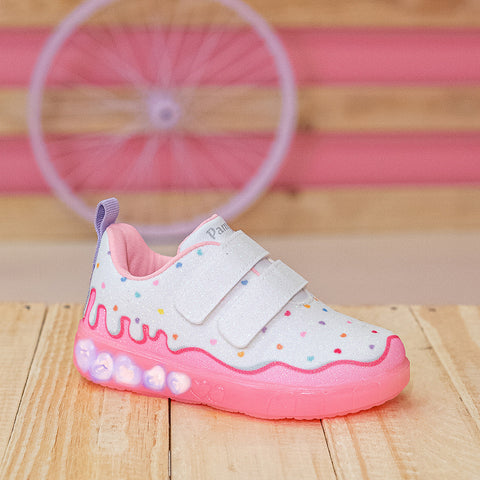 Tênis de Led Infantil Pampili Sneaker Luz Doce Branco e Colorido - lateral do tênis estampado infantil