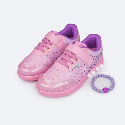 Tênis de Led Infantil Pampili Sneaker Luz Rosa Bale e Lilás - tênis com pulseira